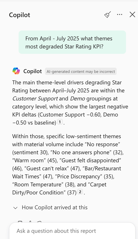 Copilot chat panel in Power BI answering a plain-language question about customer feedback, showing the agent surface of the Wordnerds platform