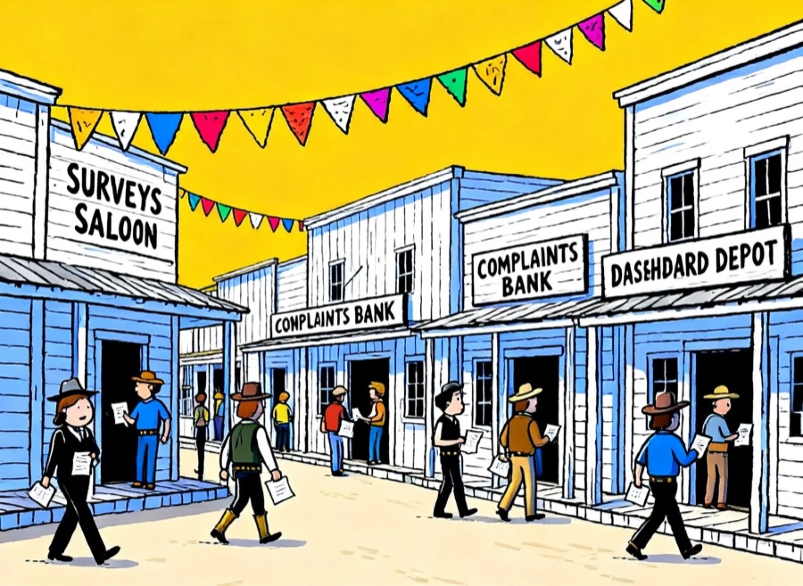 The same cartoon Western town, now bustling with people using their customer feedback, shops open and bunting up